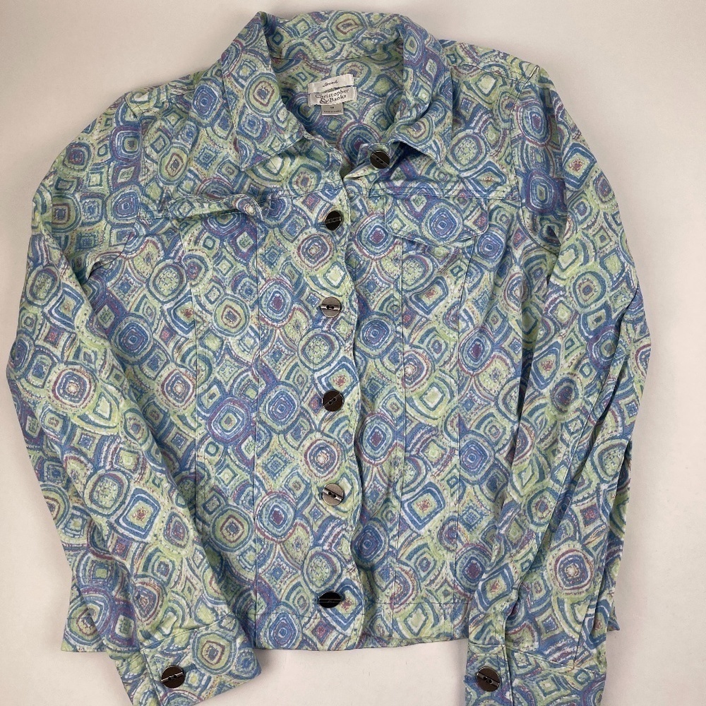 Christopher & Banks Blazer Women Medium Stretch Blue Green Swirls